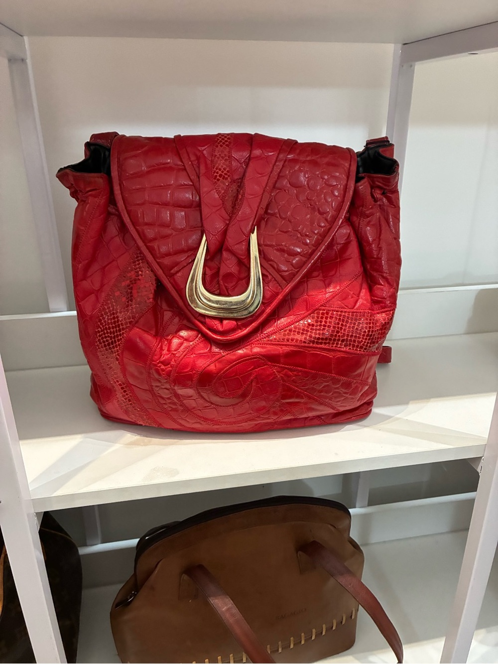 Red Textured Leather Shoulder Bag with Gold Accent